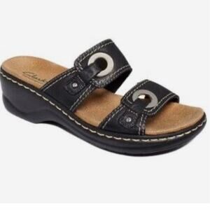 Clarks Bendables Lexi Willow Leather Slide Slip On Wedge Sandals Black Size 8